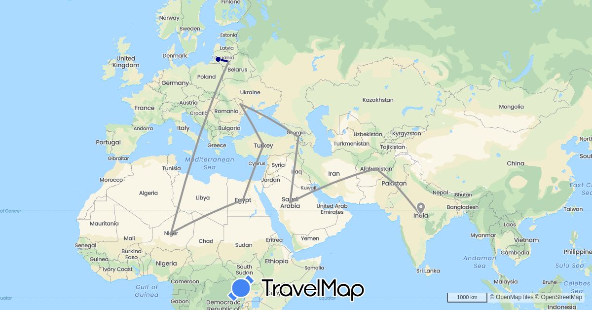 TravelMap itinerary: driving, bus, plane in Afghanistan, Armenia, Egypt, India, Lithuania, Moldova, Niger, Pakistan, Saudi Arabia, Turkey (Africa, Asia, Europe)